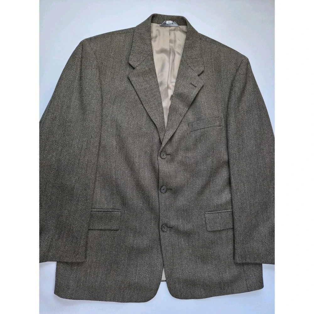 Claiborne Mens Vintage Wool Sport Coat 44R Beige Herringbone 3 Button Blazer